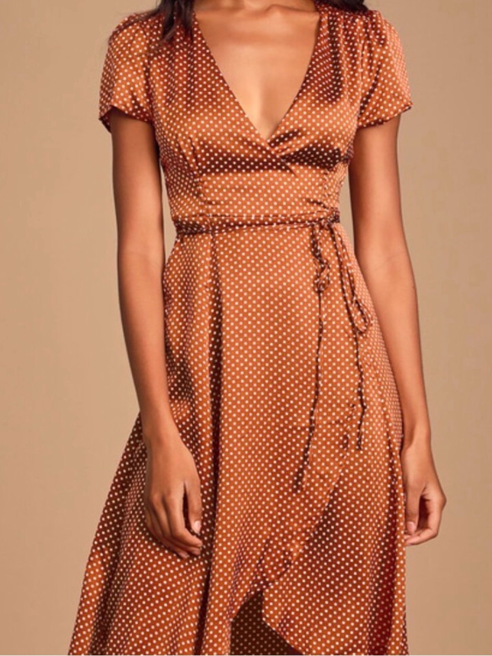 Lulu's Rust Polka Dot Wrap Midi Dress